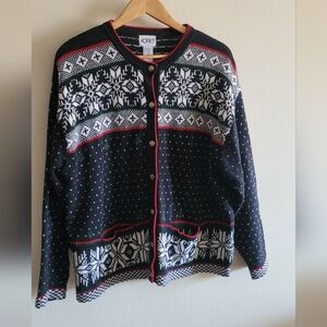 Koret 90s vtg wool blend nordic cardigan sweater Women's large black, white, red